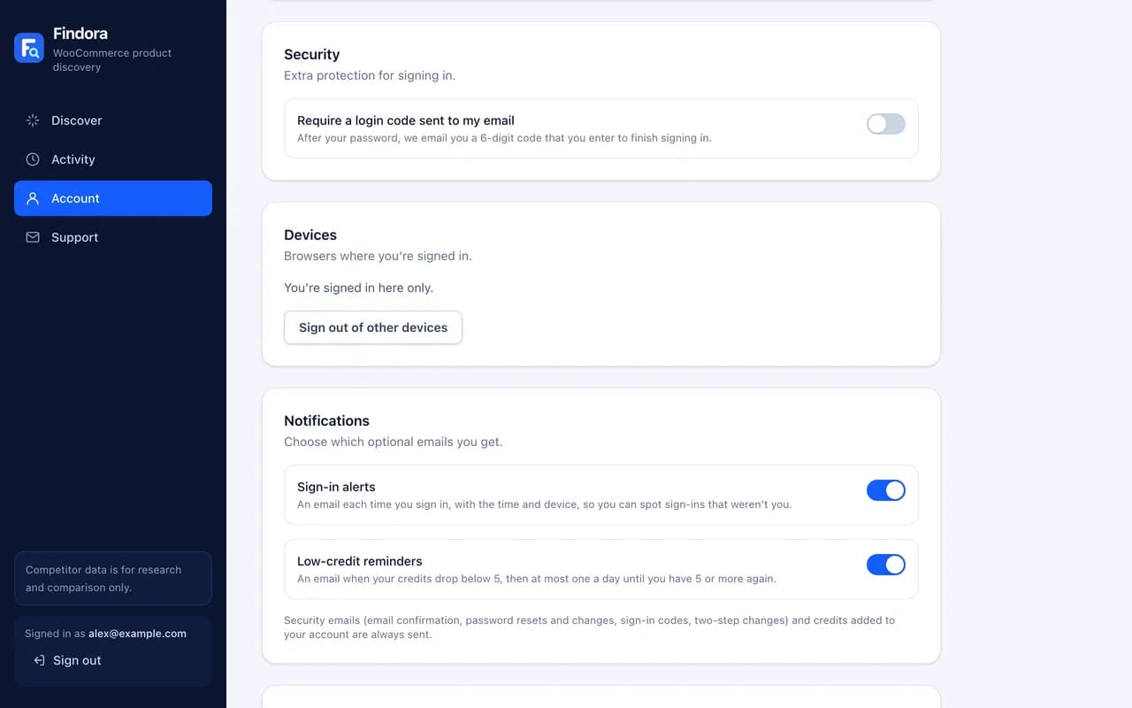 Account settings with the Security and Notifications sections