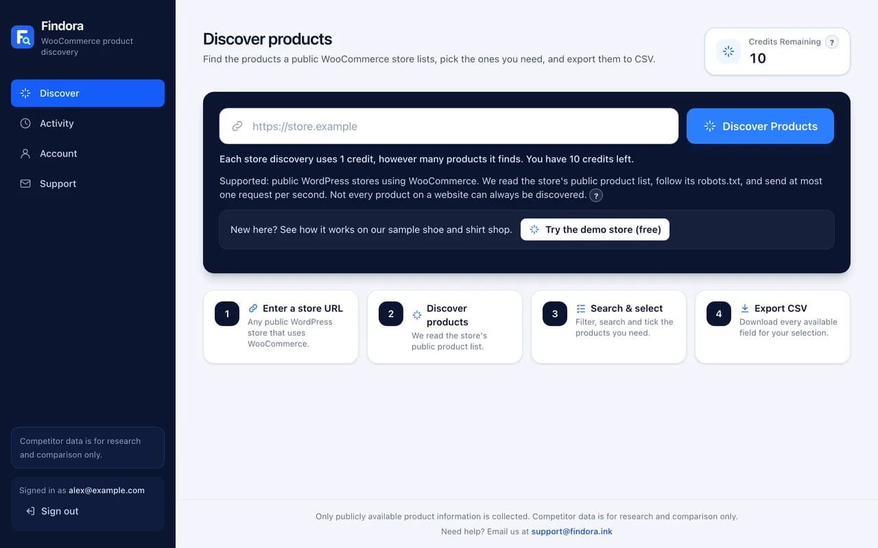 The Discover page with the store address box and the Try the demo store button
