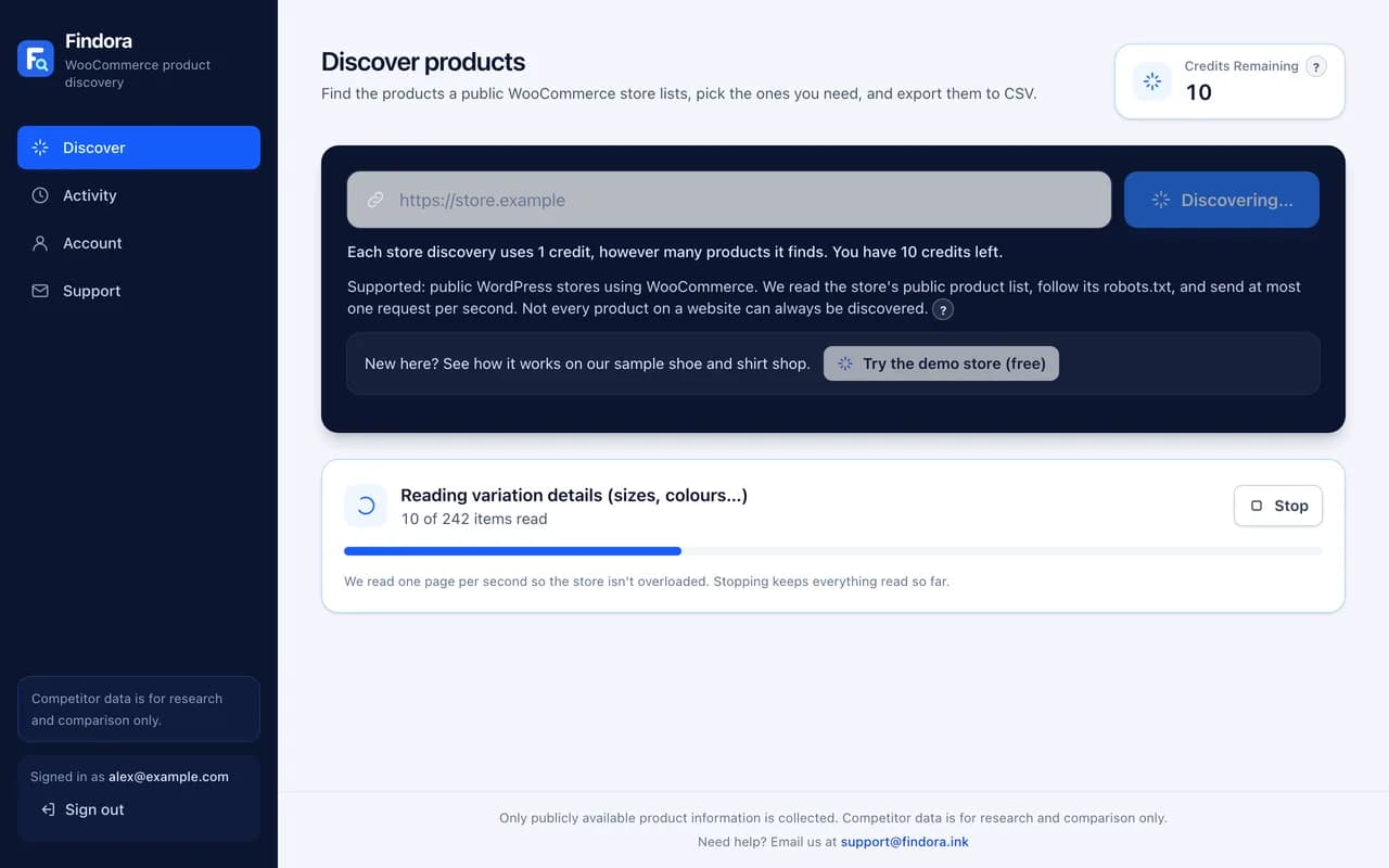 A discovery in progress, showing how many products have been read