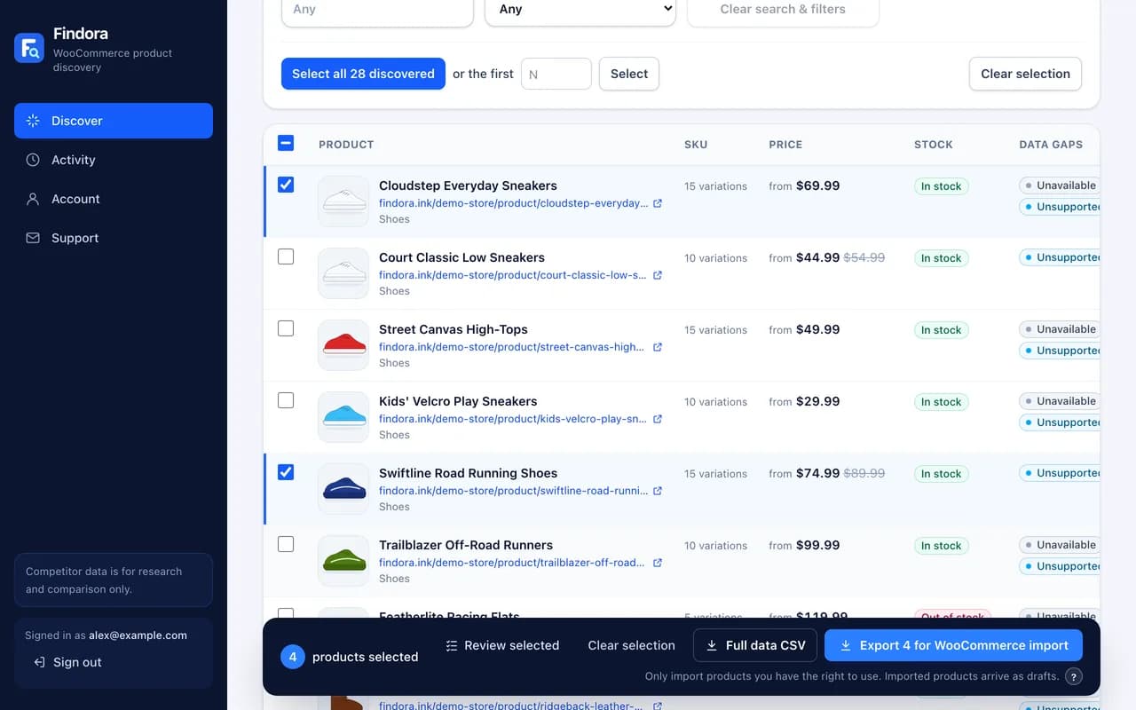 Selected products and the export buttons at the bottom of the screen